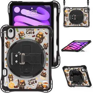 WERLEO Case for iPad Mini 7 2024 (A17 Pro) / iPad Mini 6 2021, iPad Mini 7th/6th Generation Case 8.3 inch with Penci Holder Rotating Kickstand Hand/Shoulder Strap, Kid Cartoon Tranparent Back Cover