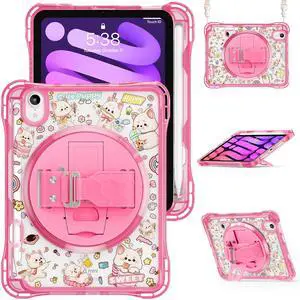 WERLEO Case for iPad Mini 7 2024 (A17 Pro) / iPad Mini 6 2021, iPad Mini 7th/6th Generation Case 8.3 inch with Penci Holder Rotating Kickstand Hand/Shoulder Strap, Kid Cartoon Tranparent Back Cover