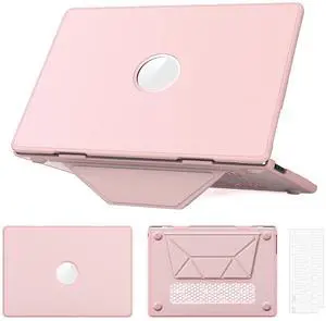 WERLEO Case for MacBook Air 15 inch M4 2025 2024 2023 M3 M2 A3241 A3114 A2941 PU Leather Hard Shell Cover with Foldable Kickstand & Keyboard Cover & Logo Cutout Pink