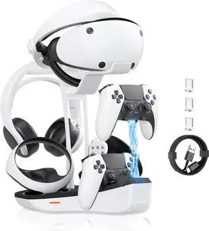 WERLEO 4-in-1 Controller Charging Station for PSVR2 and PS5, Dual Charging Dock with VR Headset Display Holder and Headphone Rack, LED Indicator, Charging Cable, RGB Lights, 3 Magnetic Connector