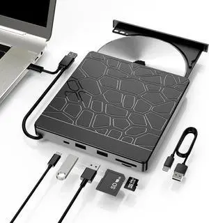 WERLEO External Blu-ray Drive, 5-in-1 USB 3.0 & Type-C BD Reader, DVD/CD Burner with Dual USB-A Ports, SD/TF Slots  Portable Blu-ray Player for Laptop PC, Windows/Linux/Mac OS Compatible (5 in 1)