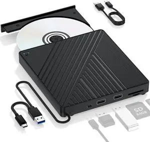 WERLEO Ultra-Portable 5-in-1 External Blu-ray Drive: USB 3.0 & USB-C DVD/CD Burner, BD Reader with Dual USB-A Ports & SD/TF Card Readers  Seamless Laptop/PC Compatibility for Windows, Mac, Linux (5 I