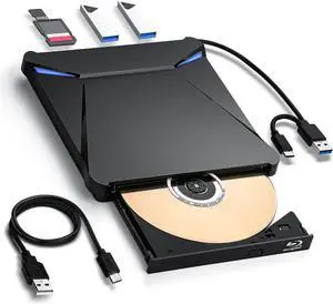 WERLEO 5 in 1 External Blu-ray Burner Drive, USB 3.0 & Type-C DVD/CD/Blu ray Burner Writer with SD/TF Card Reader, Supports 100GB Discs R/W for Windows, Linux, macOS (PC/Laptop/Desktop)