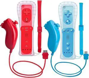 WERLEO 2 Packs Wireless Controller and Nunchuck for Wii and Wii U Console, Gamepad with Silicone Case and Wrist Strap Red and Blue