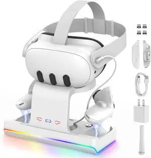 WERLEO Charging Dock for Meta Quest 3/Oculus Quest 3, VR Headset & Controllers Charging Stand with RGB LED Light [On/Off], VR Accessories with 2 Rechargeable Batteries, Fast Charging Station