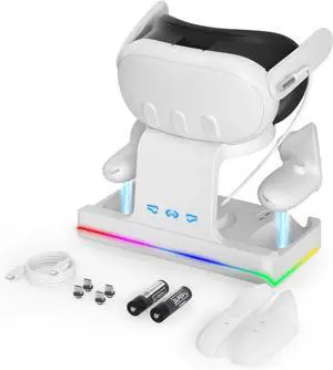WERLEO Charging Dock for Oculus Quest 3- Magnetic Docking Station with LED Light - Headset Display Stand and Controller Mount, 2 * 1800Mah Rechargeable Batteries [Support Elite Strap with Battery]