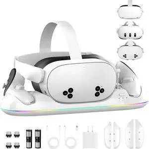 WERLEO Charging Dock for Meta Quest 3S/3/2, 20W Magnetic Charging Station for Oculus Quest 3S/3/2 Accessories with Rechargeable 2X2100mAh Batteries, RGB Charging Stand for VR Headset & Controllers