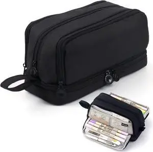 WERLEO Large Capacity Pencil Case 4 Compartments, Pencil Pouch Bag with Zipper Portable Handle, Pen Case Bag Stationery Organizer for Office College School Adults Teen Girls Boys Men Women