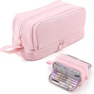 WERLEO Large Capacity Pencil Case 4 Compartments, Pencil Pouch Bag with Zipper Portable Handle, Pen Case Bag Stationery Organizer for Office College School Adults Teen Girls Boys Men Women Pink