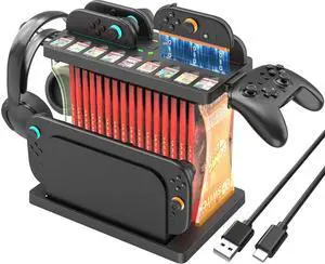 WERLEO Games Organizer Station with Controller Charger, Charging Dock for Nintendo Switch 2, Display Rack Holder for Switch 2 Dock, Game Cases & Pro Controllers, Accessories Stand with RGB Lighting