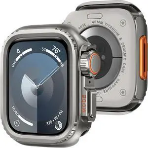 WERLEO 2 in 1 Metal Case Compatible with Apple Watch Series 9/Series 8/Series 7 45mm, Rugged Shockproof Metal Bumper Case with Back Cover for iWatch 45mm Grey