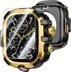 WERLEO [2 in 1] Case for Apple Watch Ultra 2 Ultra 49mm with Tempered Glass Screen Protector Waterproof Cover, 360° Protective Rugged Metal & PC Bumper for iWatch, 49mm Yellow