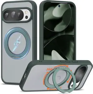 WERLEO Compatible with Google Pixel 9/Pixel 9 Pro Case with 360° Magnetic Ring Stand [Compatible with Mag-Safe] Shockproof Translucent Phone Case for Google Pixel 9/Pixel 9 Pro 6.3" Dark Green
