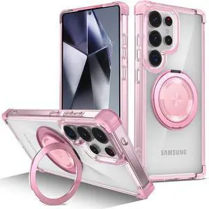 WERLEO Case for Samsung Galaxy S25 Ultra 2025 [Compatible with Magsafe] [with 360° Rotatable Magnetic Ring Stand] Heavy Duty Millitary-Grade Clear Phone Case for Samsung S25 Ultra 6.9" Pink