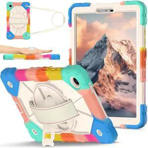 WERLEO Shockproof Protective Case for Lenovo Tab One 8.7 inch 2025 / Tab K9 8.7" 2025 TB305XU TB305FU Tablet Cover with Pencil Holder Rotatable Kickstand Hand/Shoulder Strap Rainbow