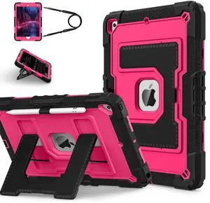 WERLEO Case for iPad 9th 8th 7th Generation 10.2 inch 2021/2020/ 2019, Shockproof Protective Cover with Kickstand Shoulder Strap Rose Red