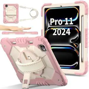 WERLEO Case for iPad Pro 11 Inch (M4) 2024 Model A2836 A2837 A3006 with Rotating Stand Pencil Holder Hand/Shoulder Strap, Heavy Duty Shockproof Protective Cover Rose Gold