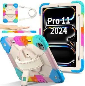 WERLEO Case for iPad Pro 11 Inch (M4) 2024 Model A2836 A2837 A3006 with Rotating Stand Pencil Holder Hand/Shoulder Strap, Heavy Duty Shockproof Protective Cover Navy Blue Rainbow