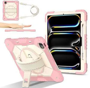 WERLEO Case for iPad Pro 13 inch M4 2024 (7th Generation) Model A2925/A2926/A3007 with Rotating Stand Pencil Holder Hand/Shoulder Strap, Heavy Duty Shockproof Protective Cover Rose Gold