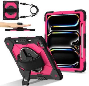 WERLEO Case for iPad Pro 13 inch M5 2025 M4 2024 with Rotating Stand Pencil Holder Hand/Shoulder Strap, Heavy Duty Shockproof Protective Cover Rose Red