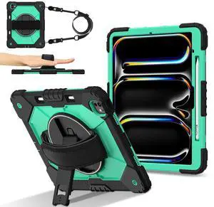 WERLEO Case for iPad Pro 13 inch M5 2025 M4 2024 with Rotating Stand Pencil Holder Hand/Shoulder Strap, Heavy Duty Shockproof Protective Cover Mint Green
