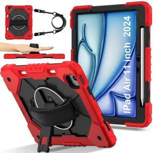 WERLEO Case for iPad Air 11 Inch M3 2025 M2 2024 7th/6th Generation with Rotating Stand Pencil Holder Hand/Shoulder Strap, Heavy Duty Shockproof Protective Cover Red