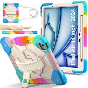 WERLEO Case for iPad Air 11 Inch M3 2025 M2 2024 7th/6th Generation with Rotating Stand Pencil Holder Hand/Shoulder Strap, Heavy Duty Shockproof Protective Cover Rainbow