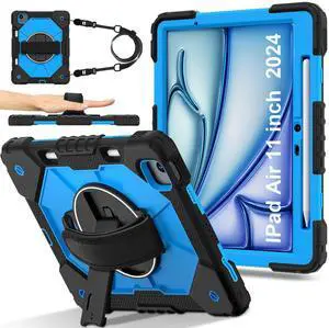 WERLEO Case for iPad Air 11 Inch M3 2025 M2 2024 7th/6th Generation with Rotating Stand Pencil Holder Hand/Shoulder Strap, Heavy Duty Shockproof Protective Cover Blue