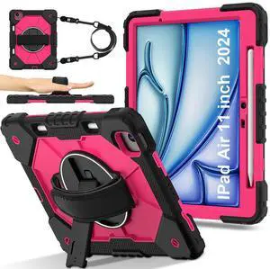 WERLEO Case for iPad Air 11 Inch M3 2025 M2 2024 7th/6th Generation with Rotating Stand Pencil Holder Hand/Shoulder Strap, Heavy Duty Shockproof Protective Cover Rose Red