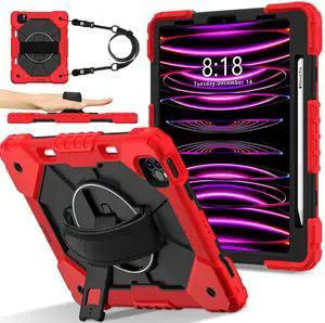WERLEO Case for iPad Pro 11 inch 4th/3rd/2nd/1st Gen 2022/2021/2020/2018, iPad Air 5th/4th Gen 2022 2020 10.9 inch with Rotating Stand Pen Holder Hand/Shoulder Strap, Shockproof Protective Cover Red