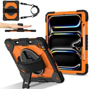 WERLEO Case for iPad Pro 13 inch M4 2024 (7th Generation) Model A2925/A2926/A3007 with Rotating Stand Pencil Holder Hand/Shoulder Strap, Heavy Duty Shockproof Protective Cover Orange