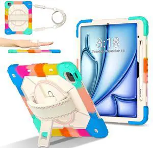 WERLEO Case for iPad Air 13 Inch M3/M2 2025/2024 with Rotating Stand Pencil Holder Hand/Shoulder Strap, Heavy Duty Shockproof Protective Cover Rainbow