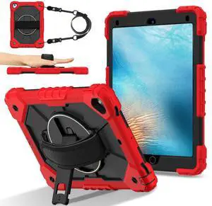 WERLEO Case for iPad 9.7 Inch 2018 2017 6th/5th Generation/iPad Pro 9.7/Air 2 with Rotating Stand Pencil Holder Hand/Shoulder Strap, Heavy Duty Shockproof Protective Cover Red