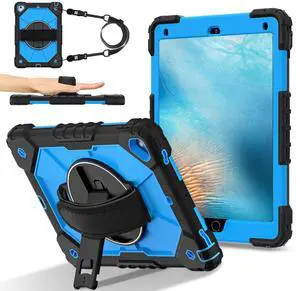 WERLEO Case for iPad 9.7 Inch 2018 2017 6th/5th Generation/iPad Pro 9.7/Air 2 with Rotating Stand Pencil Holder Hand/Shoulder Strap, Heavy Duty Shockproof Protective Cover Blue
