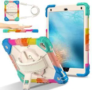 WERLEO Case for iPad 9.7 Inch 2018 2017 6th/5th Generation/iPad Pro 9.7/Air 2 with Rotating Stand Pencil Holder Hand/Shoulder Strap, Heavy Duty Shockproof Protective Cover Rainbow