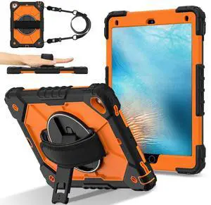 WERLEO Case for iPad 9.7 Inch 2018 2017 6th/5th Generation/iPad Pro 9.7/Air 2 with Rotating Stand Pencil Holder Hand/Shoulder Strap, Heavy Duty Shockproof Protective Cover Orange