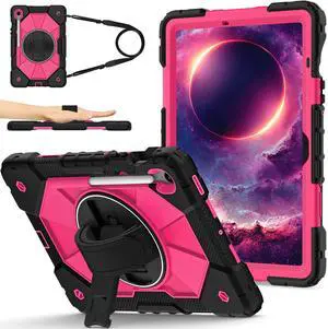 WERLEO Case for Samsung Galaxy Tab S10 Lite S10 FE S9 FE 10.9 inch / S9 11 Inch with Rotating Stand Pencil Holder Hand/Shoulder Strap, Heavy Duty Shockproof Protective Cover Rose Red