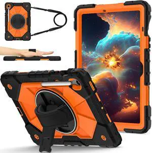 WERLEO Case for Samsung Galaxy Tab S10 Lite S10 FE S9 FE 10.9 inch / S9 11 Inch with Rotating Stand Pencil Holder Hand/Shoulder Strap, Heavy Duty Shockproof Protective Cover Orange