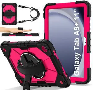 WERLEO Case for  Samsung Galaxy Tab A9 Plus / A9+ 5G 11 Inch 2023 Model SM-X210/X216/X218 with Rotating Stand Pencil Holder Hand/Shoulder Strap, Heavy Duty Shockproof Protective Cover Rose Red
