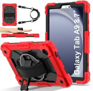 WERLEO Case for Samsung Galaxy Tab A9 8.7 Inch 2023 Model SM-X110/X115/X117 with Rotating Stand Pencil Holder Hand/Shoulder Strap, Heavy Duty Shockproof Protective Cover Red