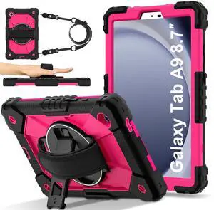WERLEO Case for Samsung Galaxy Tab A9 8.7 Inch 2023 Model SM-X110/X115/X117 with Rotating Stand Pencil Holder Hand/Shoulder Strap, Heavy Duty Shockproof Protective Cover Rose Red