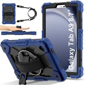 WERLEO Case for Samsung Galaxy Tab A9 8.7 Inch 2023 Model SM-X110/X115/X117 with Rotating Stand Pencil Holder Hand/Shoulder Strap, Heavy Duty Shockproof Protective Cover Navy Blue