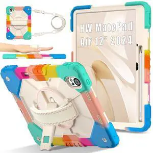 WERLEO Case for Huawei MatePad Air 12 inch 2024 2025 / Matepad 12X 12 inch 2024 with Rotating Stand Pencil Holder Hand/Shoulder Strap, Heavy Duty Shockproof Protective Cover Rainbow