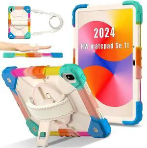 WERLEO Case for Huawei Mate Pad SE 11 inch 2024 with Rotating Stand Pencil Holder Hand/Shoulder Strap, Heavy Duty Shockproof Protective Cover Rainbow