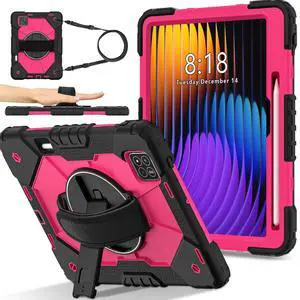 WERLEO Case for Xiaomi Mi Pad 7 / Mi Pad 7 Pro 11.2 inch 2024 with Rotating Stand Pencil Holder Hand/Shoulder Strap, Heavy Duty Shockproof Protective Cover Rose Red