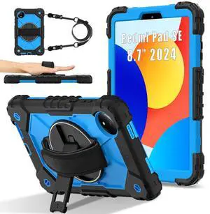 WERLEO Case for Xiaomi Redmi Pad SE 8.7 inch 2024 with Rotating Stand Pencil Holder Hand/Shoulder Strap, Heavy Duty Shockproof Protective Cover Blue