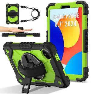 WERLEO Case for Xiaomi Redmi Pad SE 8.7 inch 2024 with Rotating Stand Pencil Holder Hand/Shoulder Strap, Heavy Duty Shockproof Protective Cover Green