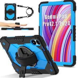 WERLEO Case for Xiaomi Redmi Pad Pro 12.1 inch / Xiaomi Poco Pad 12.1 inch 2024 with Rotating Stand Pencil Holder Hand/Shoulder Strap, Heavy Duty Shockproof Protective Cover Blue