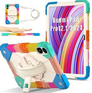 WERLEO Case for Xiaomi Redmi Pad Pro 12.1 inch / Xiaomi Poco Pad 12.1 inch 2024 with Rotating Stand Pencil Holder Hand/Shoulder Strap, Heavy Duty Shockproof Protective Cover Rainbow