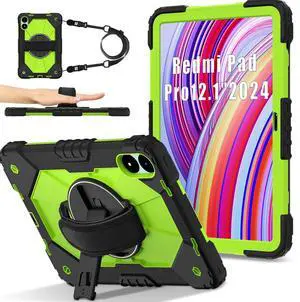 WERLEO Case for Xiaomi Redmi Pad Pro 12.1 inch / Xiaomi Poco Pad 12.1 inch 2024 with Rotating Stand Pencil Holder Hand/Shoulder Strap, Heavy Duty Shockproof Protective Cover Green